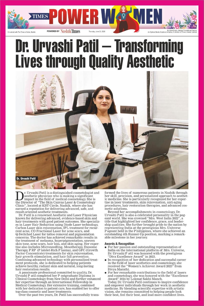 Dr. Urvashi Patil featured in Times Power Women — Nashik Times: Transforming Lives through Quality Aesthetic